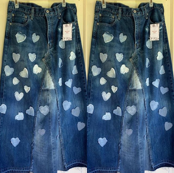 20199 Sara Long Denim Skirt is made from pre-loved jeans. To order, specify waist size and length.